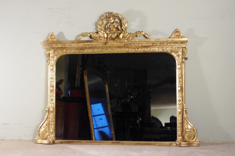 English Victorian Gilt Large Overmantle Mirror with Putto Cresting