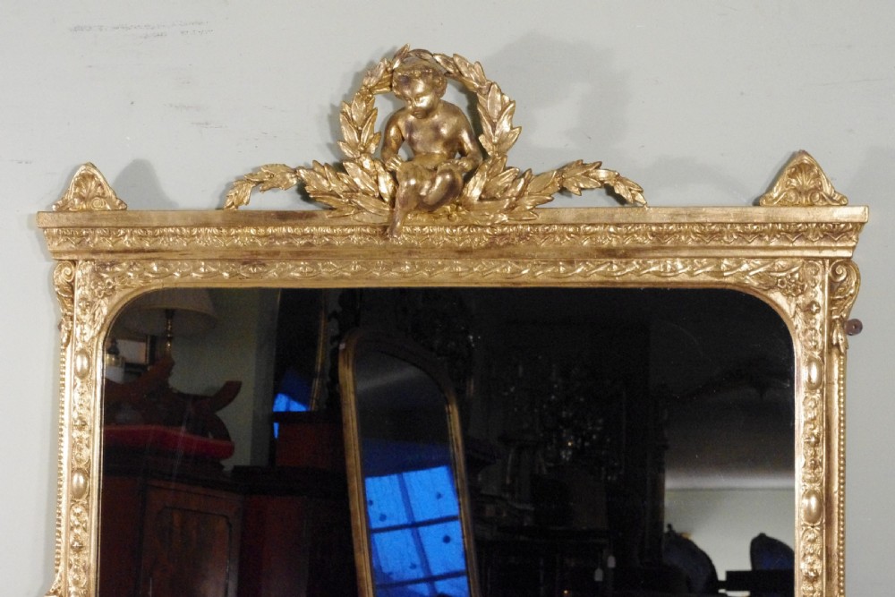 English Victorian Gilt Large Overmantle Mirror with Putto Cresting View II