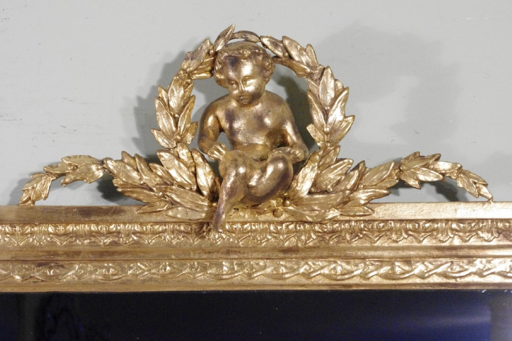 English Victorian Gilt Large Overmantle Mirror with Putto Cresting View III