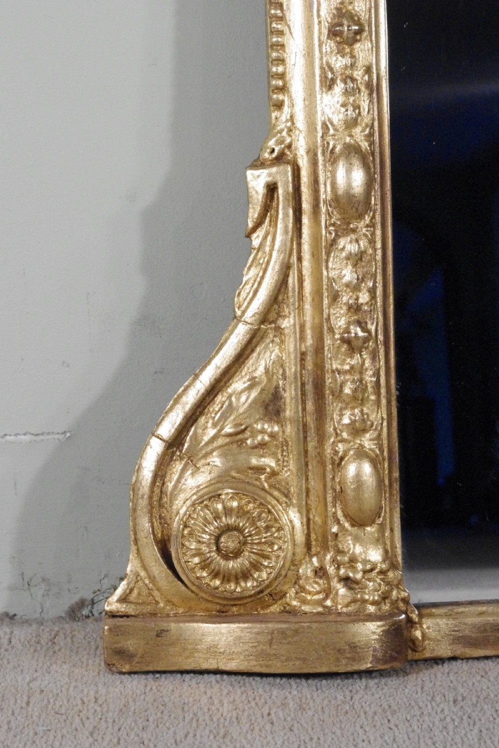 English Victorian Gilt Large Overmantle Mirror with Putto Cresting View V
