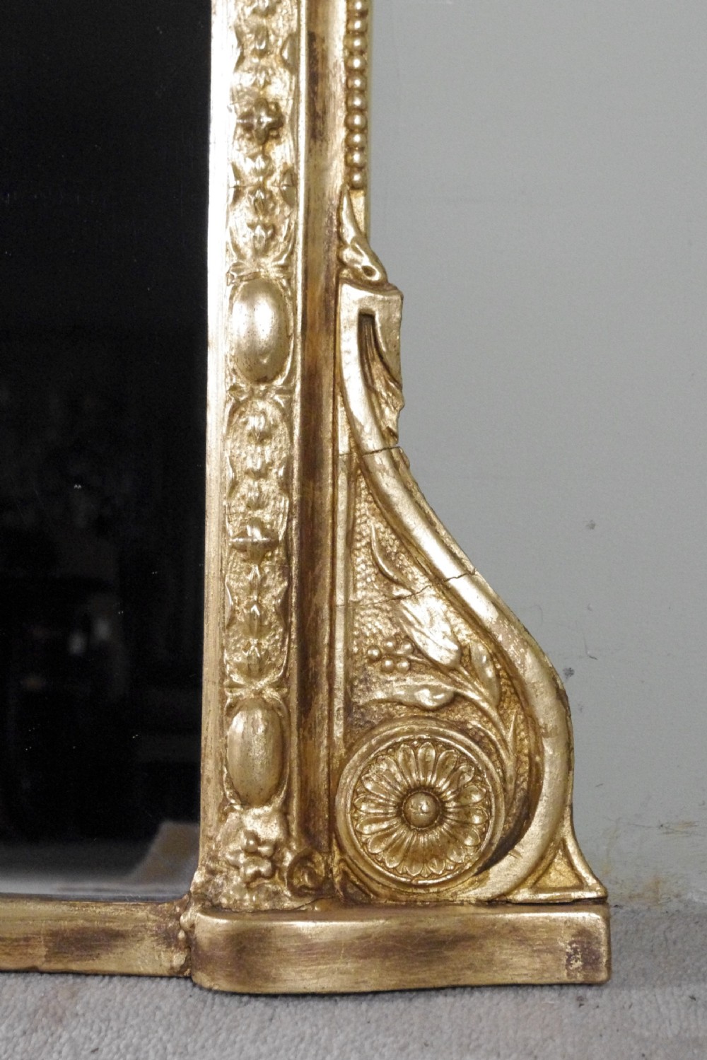 English Victorian Gilt Large Overmantle Mirror with Putto Cresting View VI