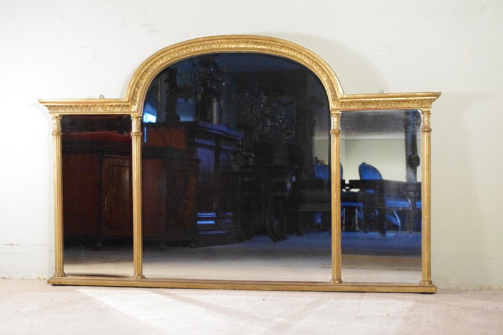 English Victorian Gilt Large Triple Plate Overmantle Mirror