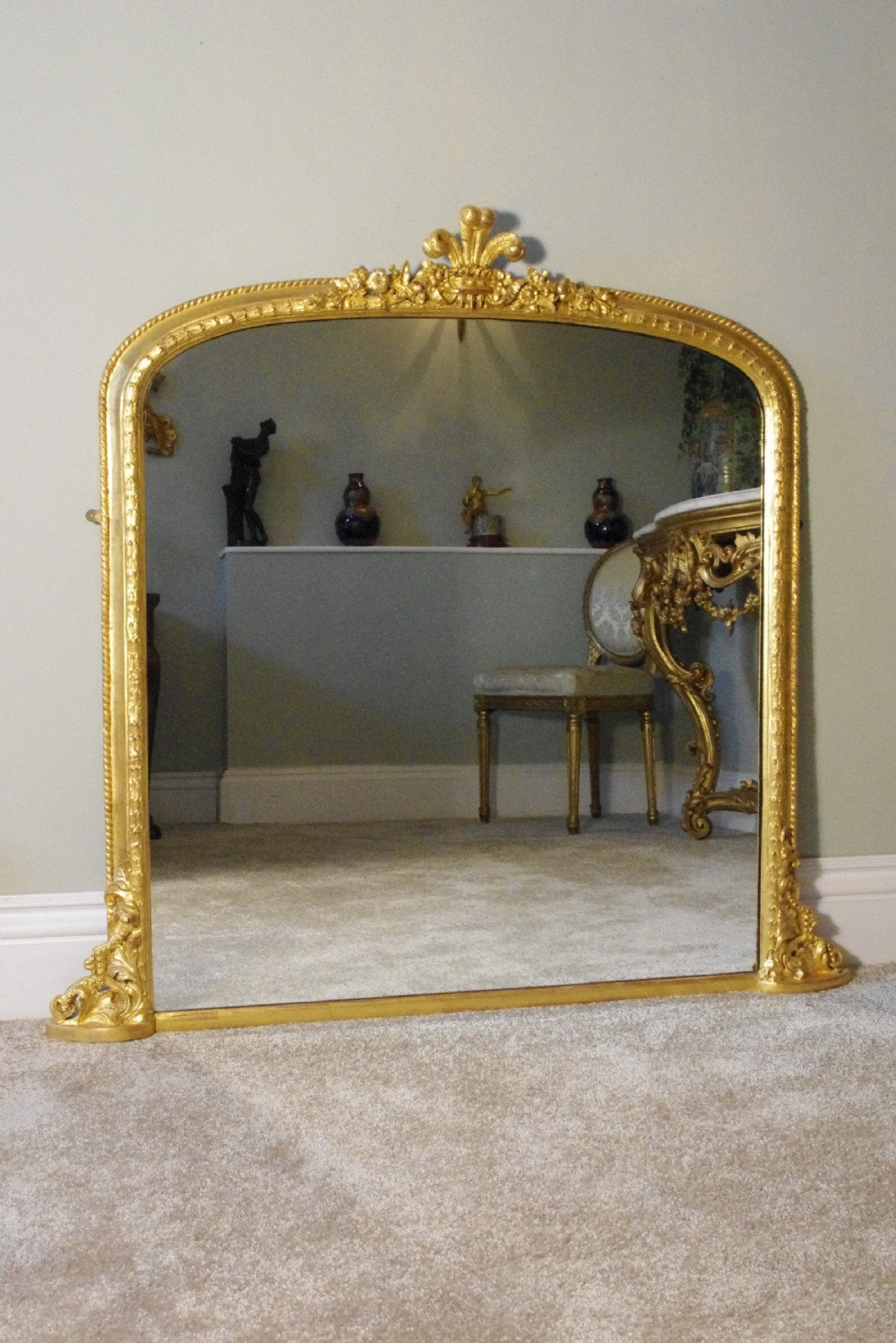 Gilt Large Arch Top Overmantle Mirror with Prince of Wales Feathers 