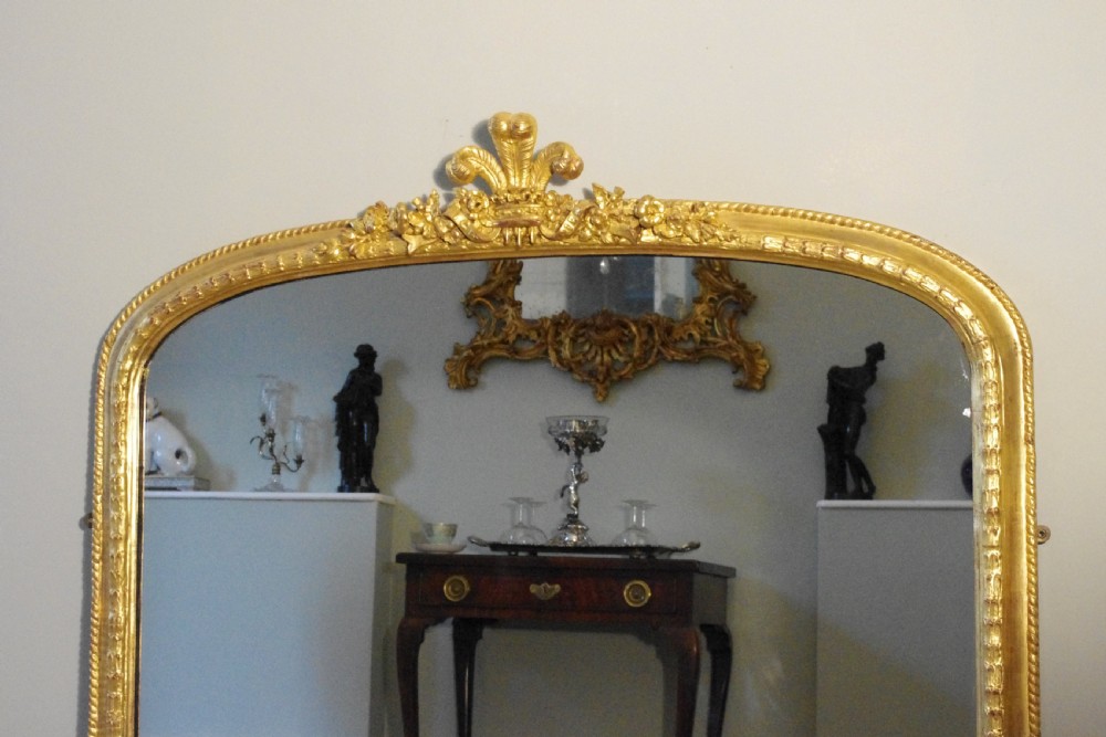 Gilt Large Arch Top Overmantle Mirror with Prince of Wales Feathers  View II