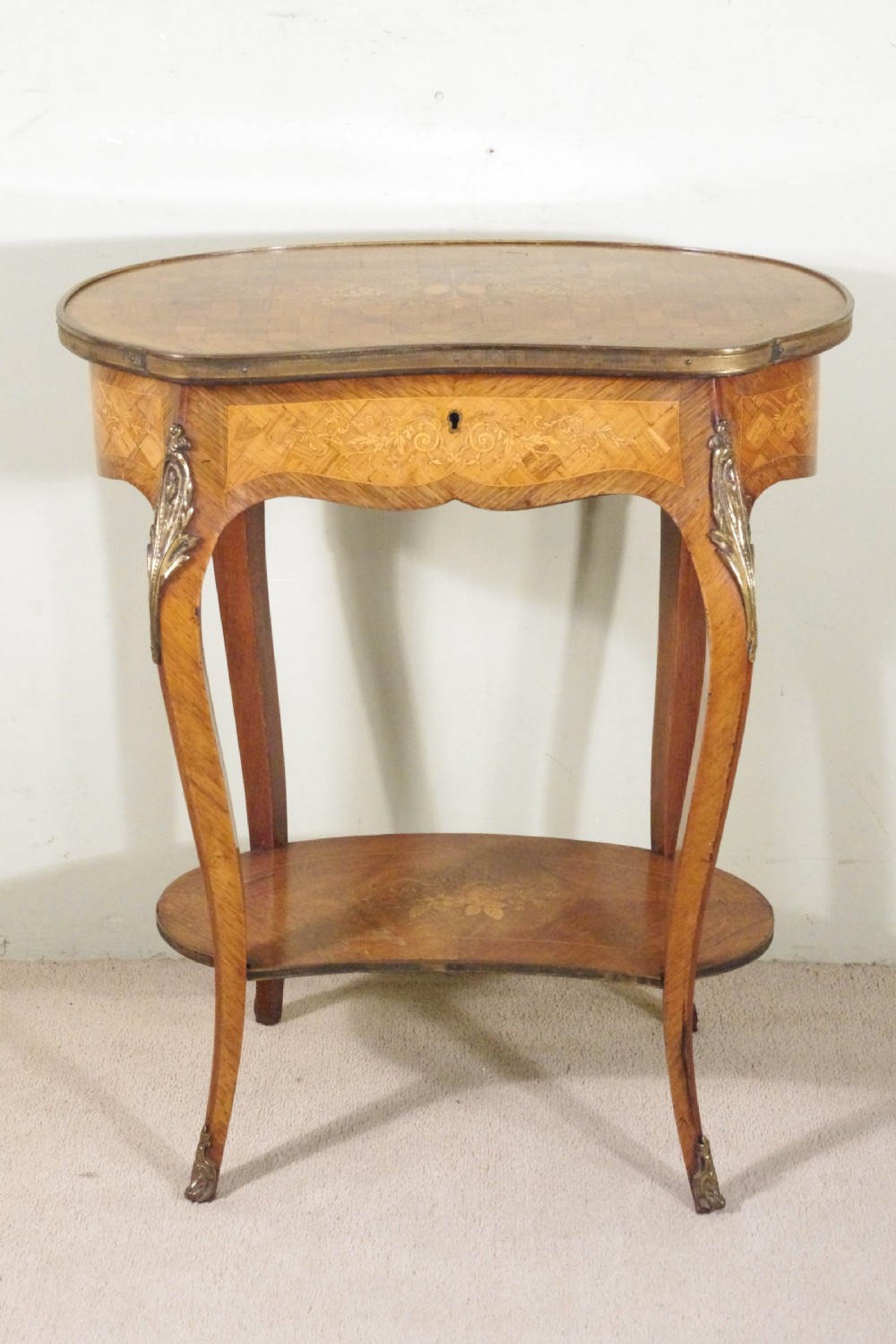 French Ormolu Mounted Kingwood Work/Occasional Table with Parquetry and Marquetry Inlay