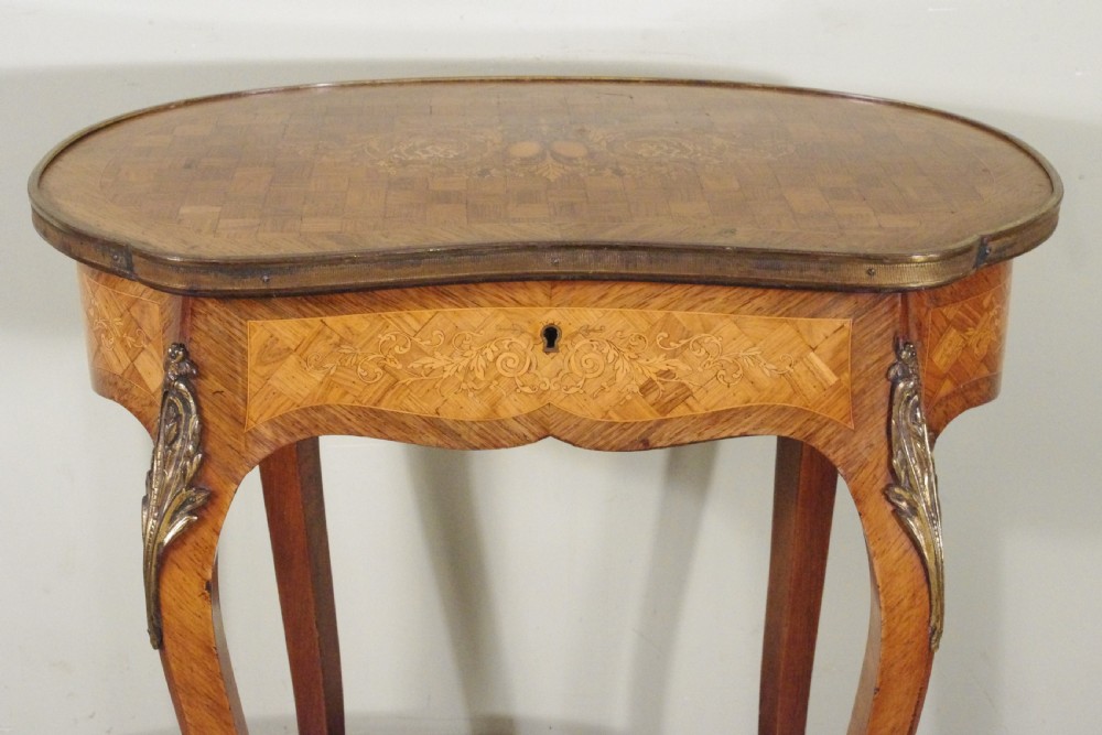 French Ormolu Mounted Kingwood Work/Occasional Table with Parquetry and Marquetry Inlay View II