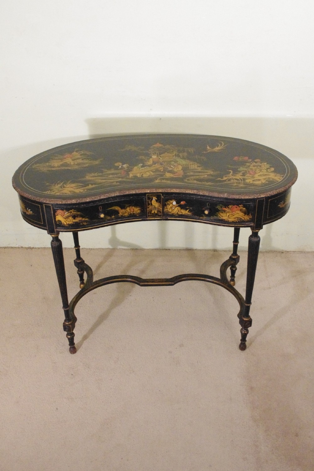 Black Lacquer and Gilt Chinoiserie Kidney- Shaped Writing/ Dressing Table Desk
