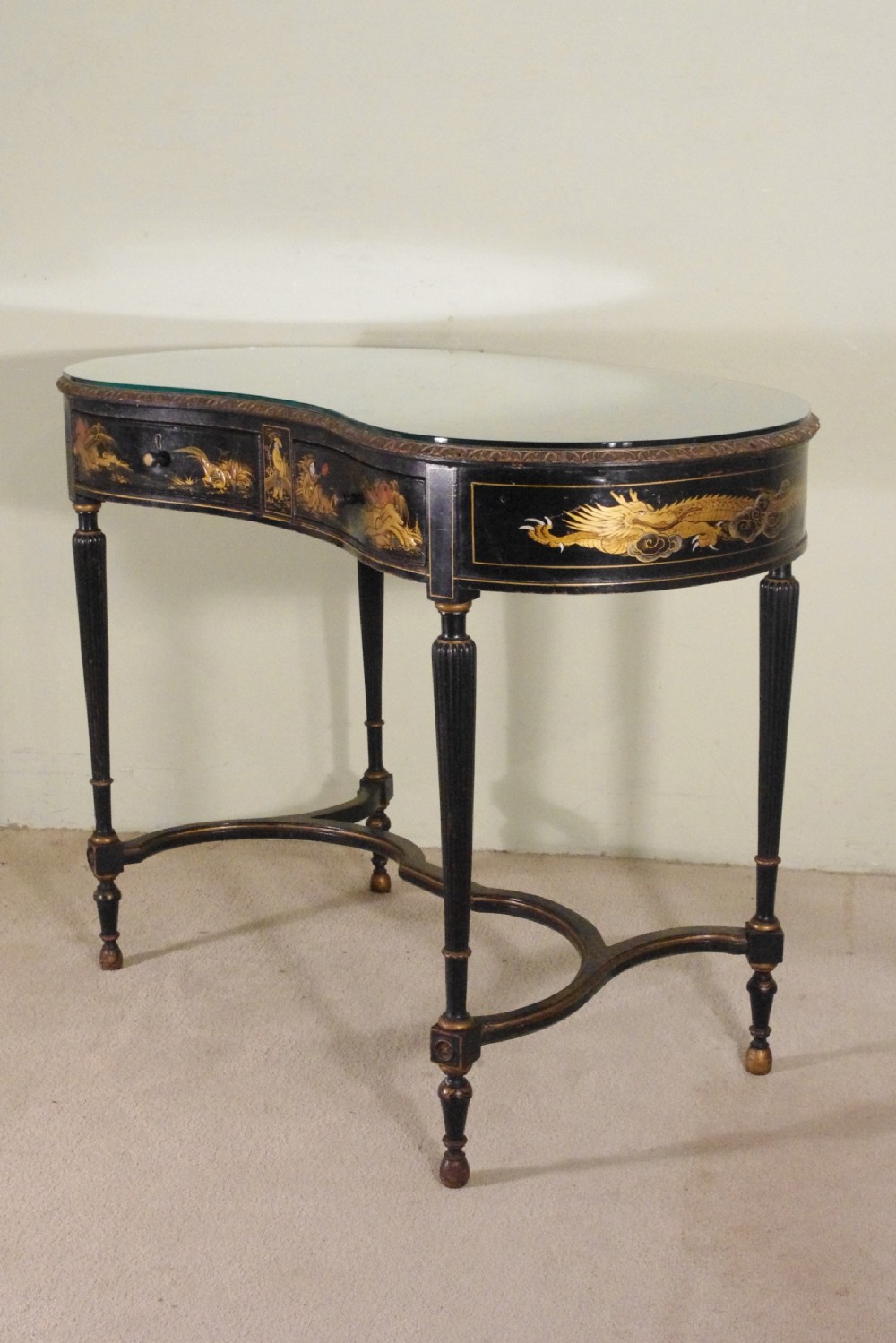 Black Lacquer and Gilt Chinoiserie Kidney- Shaped Writing/ Dressing Table Desk View III