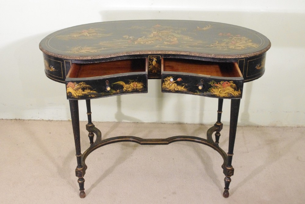 Black Lacquer and Gilt Chinoiserie Kidney- Shaped Writing/ Dressing Table Desk View VIII