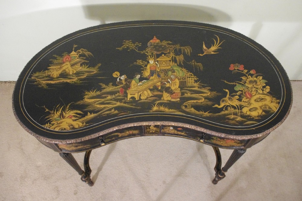 Black Lacquer and Gilt Chinoiserie Kidney- Shaped Writing/ Dressing Table Desk View IX