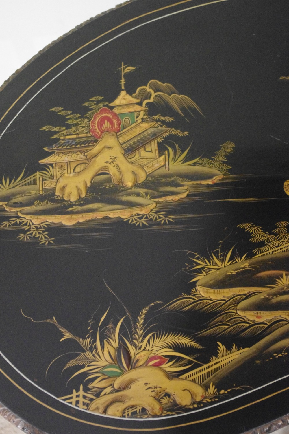 Black Lacquer and Gilt Chinoiserie Kidney- Shaped Writing/ Dressing Table Desk View XI