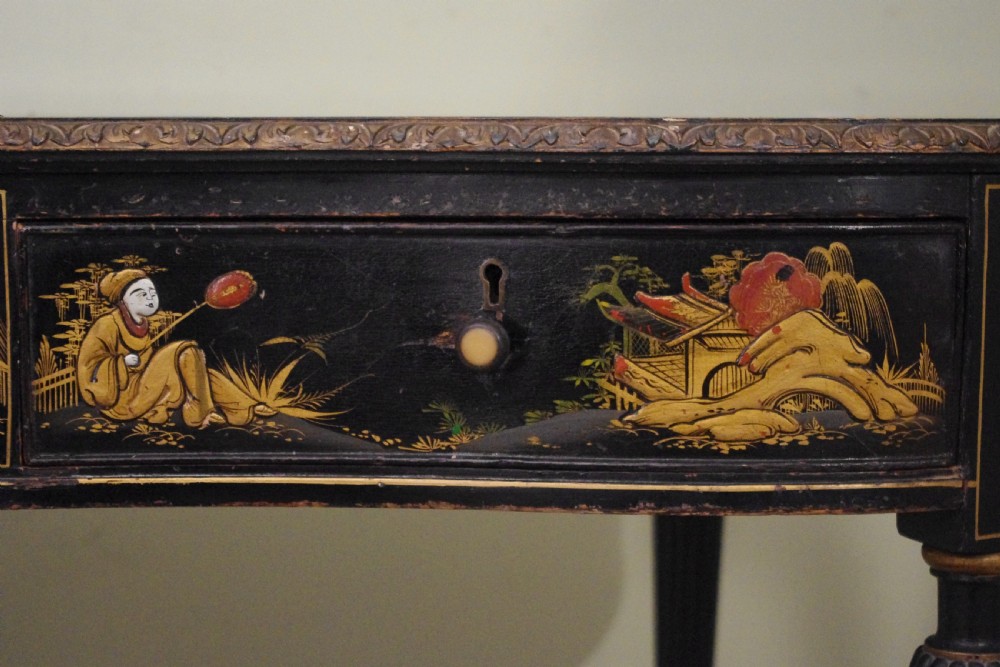 Black Lacquer and Gilt Chinoiserie Kidney- Shaped Writing/ Dressing Table Desk View XVI