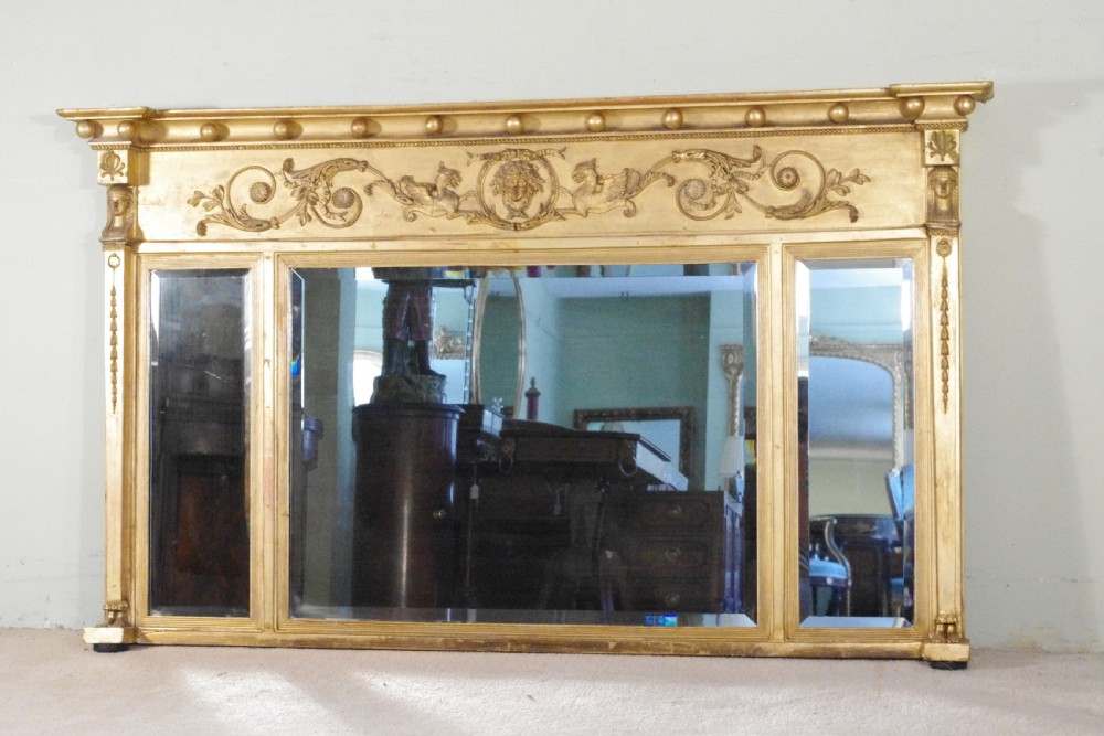Regency Gilt Neoclassical Large Triple Plate Overmantle Mirror 