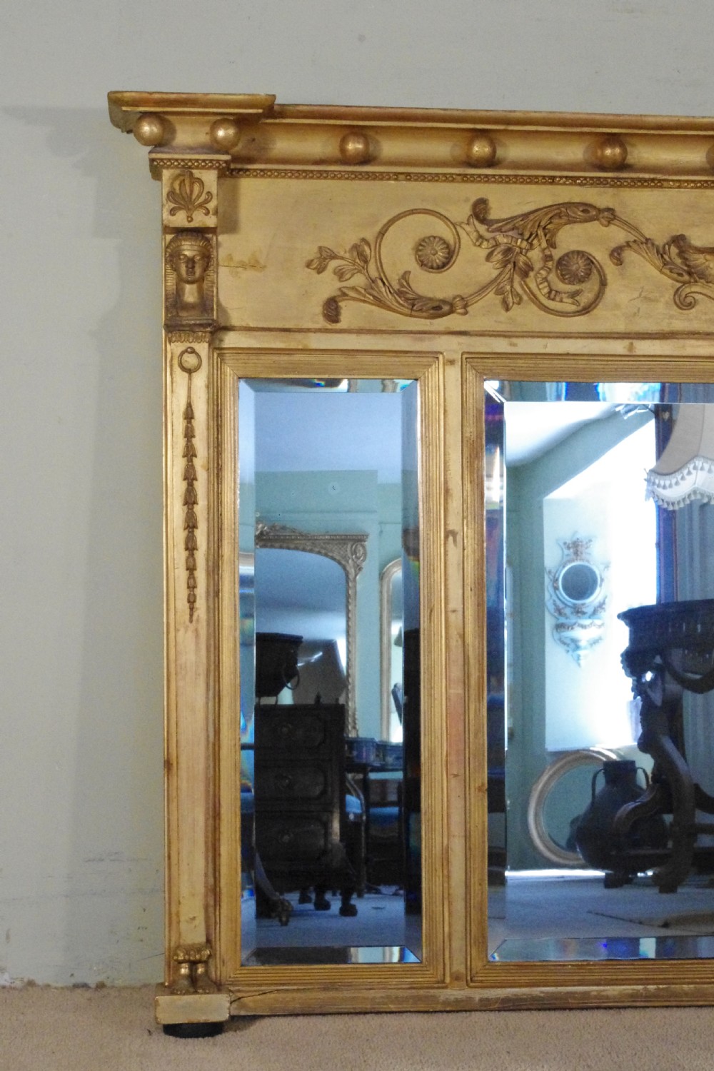 Regency Gilt Neoclassical Large Triple Plate Overmantle Mirror  View II