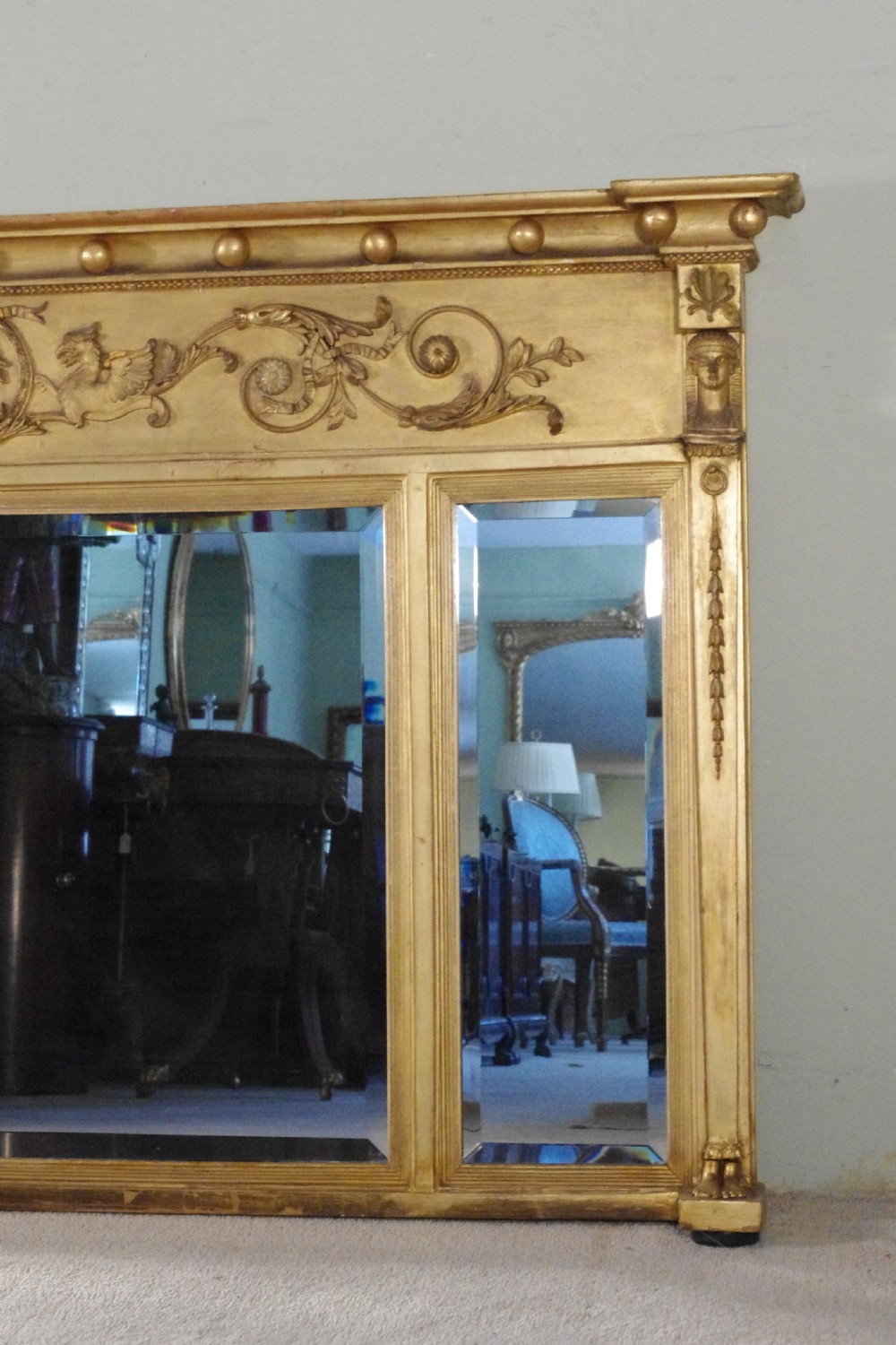 Regency Gilt Neoclassical Large Triple Plate Overmantle Mirror  View III