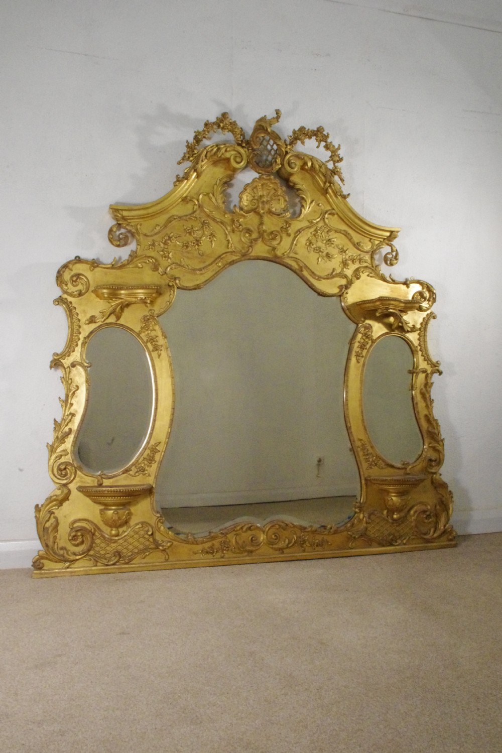 Victorian Gilt Large Overmantle Mirror with Brackets