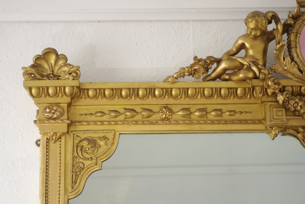 Victorian Gilt Large Overmantle Mirror with 'Putto' Cresting View V