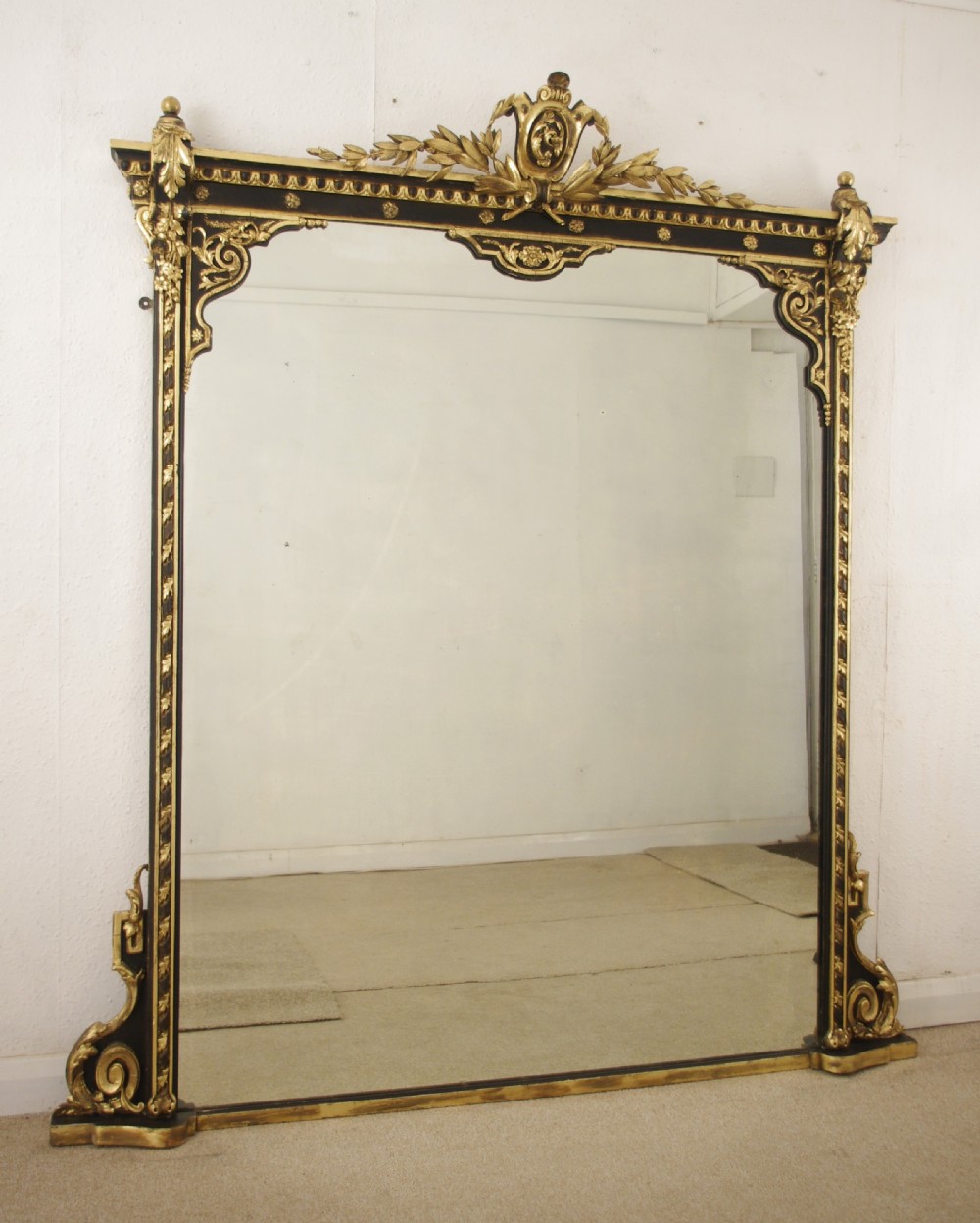 Victorian Ebonised and Parcel-Gilt Large Overmantle Mirror