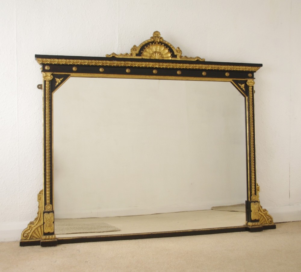 Victorian Ebonised and Parcel-Gilt Large Overmantle Mirror