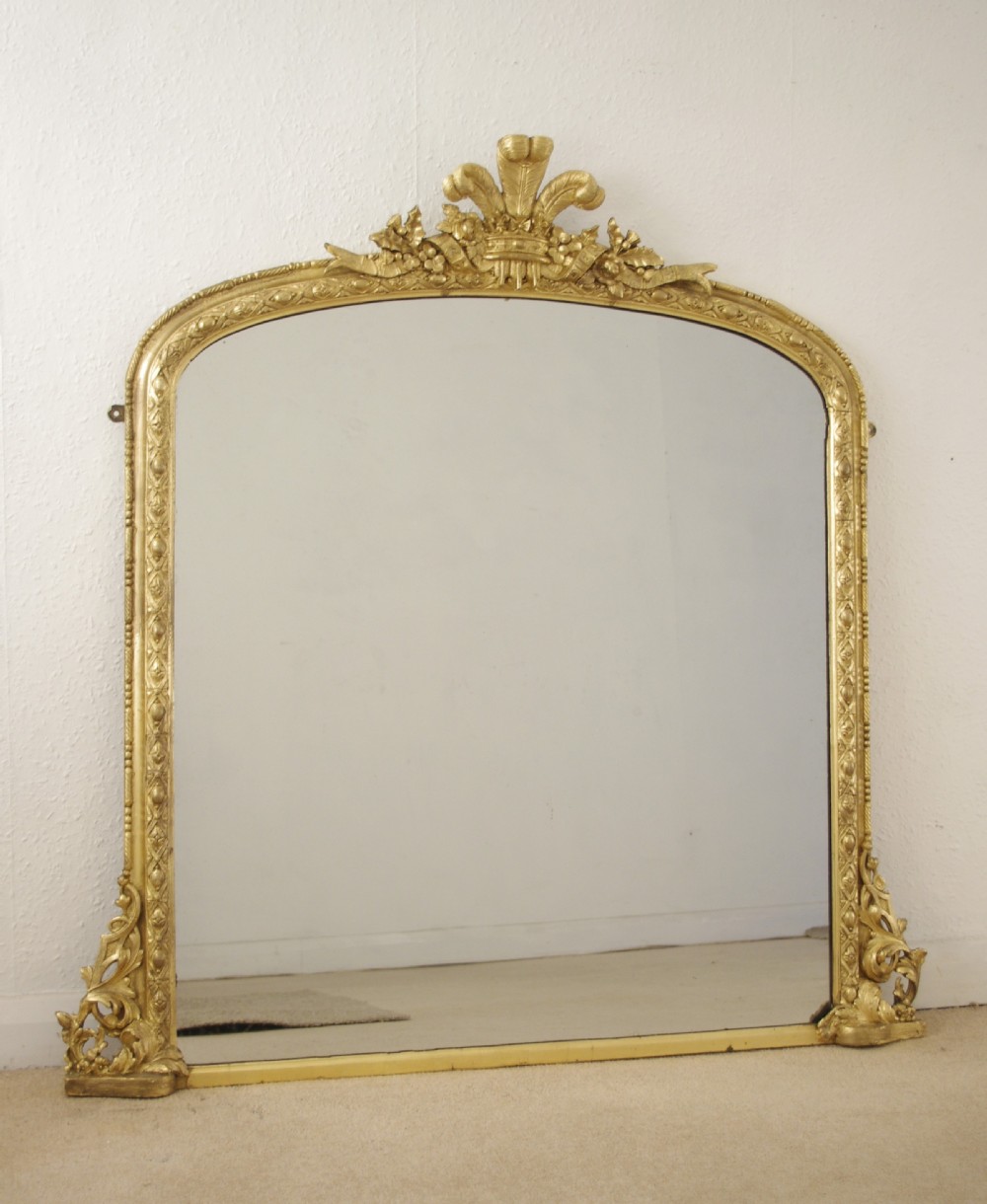 Victorian Gilt Arch Top Overmantle Mirror with Prince of Wales' Feathers