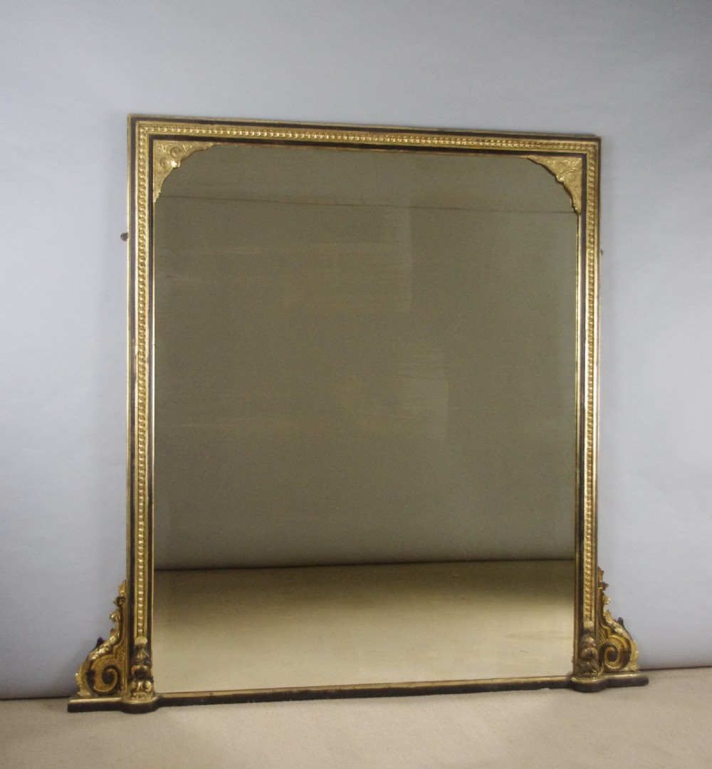 Victorian Ebonised and Parcel-Gilt Large Overmantle Mirror