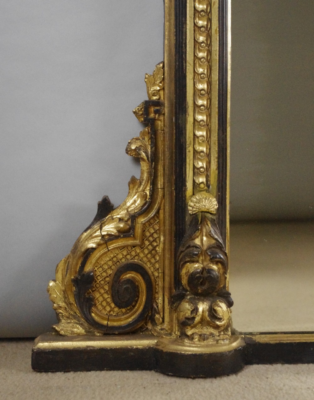 Victorian Ebonised and Parcel-Gilt Large Overmantle Mirror View V