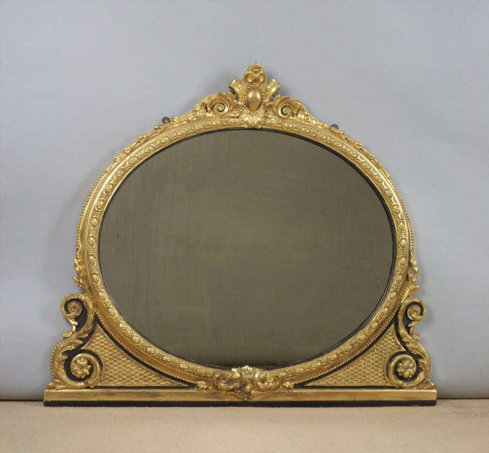 Victorian Gilt and Ebonised Oval Overmantle Mirror 