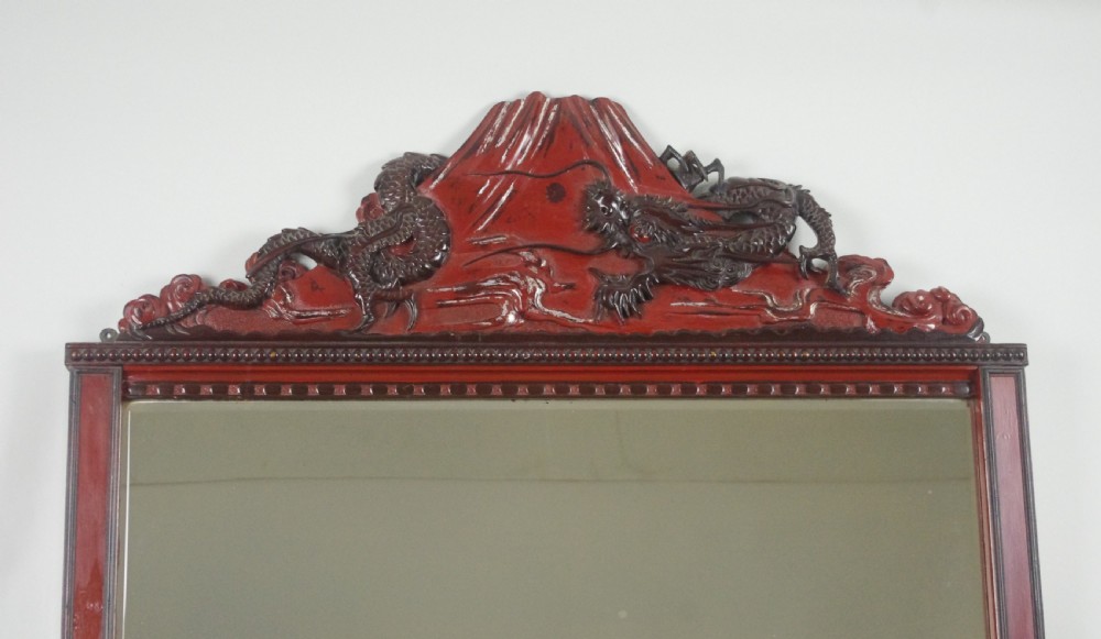 Large Japanese Lacquered Hardwood Overmantle Mirror with Carved Dragon and Mount Fuji View II