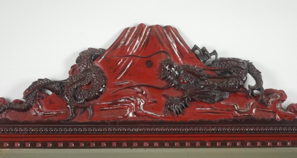 Large Japanese Lacquered Hardwood Overmantle Mirror with Carved Dragon and Mount Fuji View III