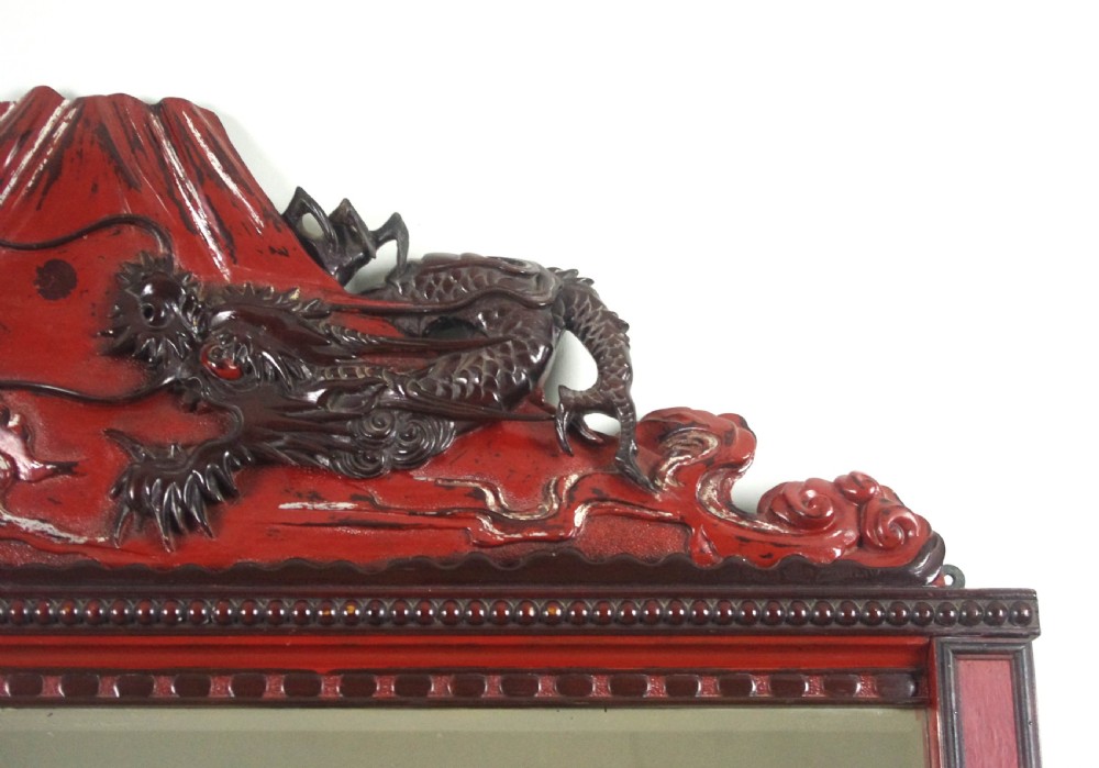 Large Japanese Lacquered Hardwood Overmantle Mirror with Carved Dragon and Mount Fuji View IV