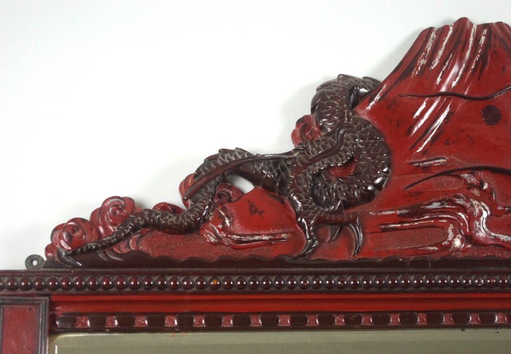 Large Japanese Lacquered Hardwood Overmantle Mirror with Carved Dragon and Mount Fuji View V