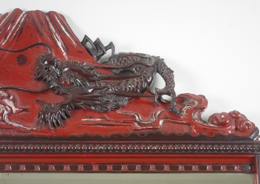 Large Japanese Lacquered Hardwood Overmantle Mirror with Carved Dragon and Mount Fuji View VI