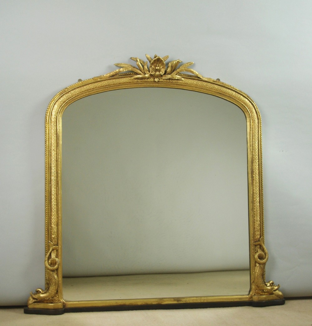 Victorian Gilt Arch Top Overmantle Mirror with Mythical Fish Dolphin Decoration