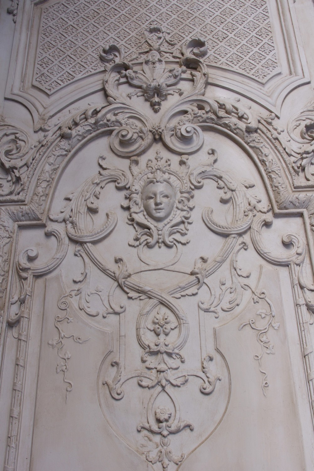 A pair of tall 19th-century French painted wood boiserie wall panels featuring intricate Rococo carved mouldings and foliage motifs in an off-white finish. View VI
