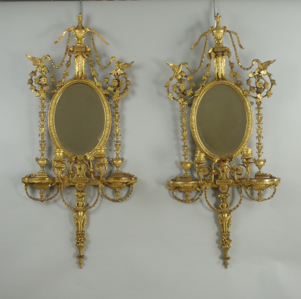Pair of Victorian Gilt Adam Style Girandole Wall Mirrors with Candle Sconces