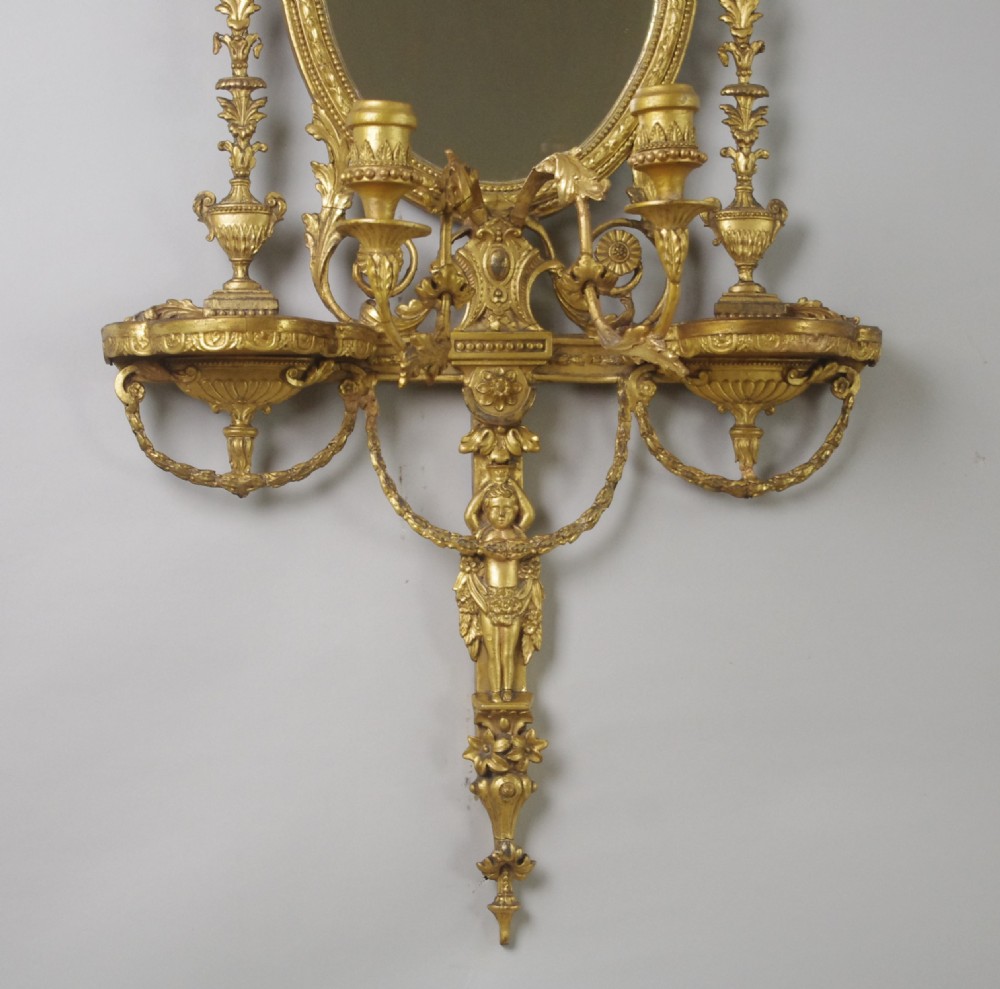 Pair of Victorian Gilt Adam Style Girandole Wall Mirrors with Candle Sconces View V