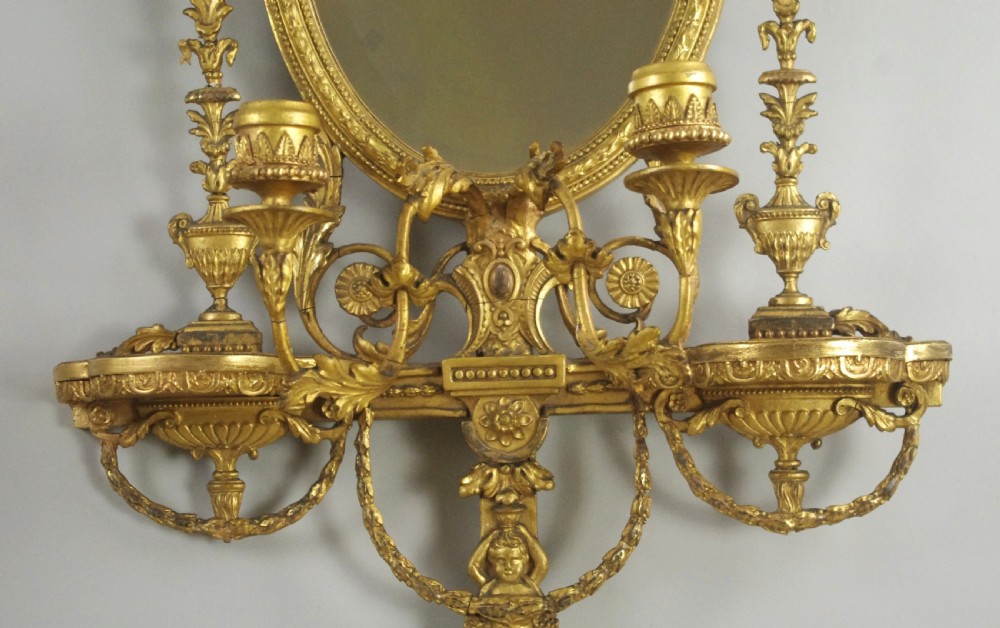 Pair of Victorian Gilt Adam Style Girandole Wall Mirrors with Candle Sconces View IX