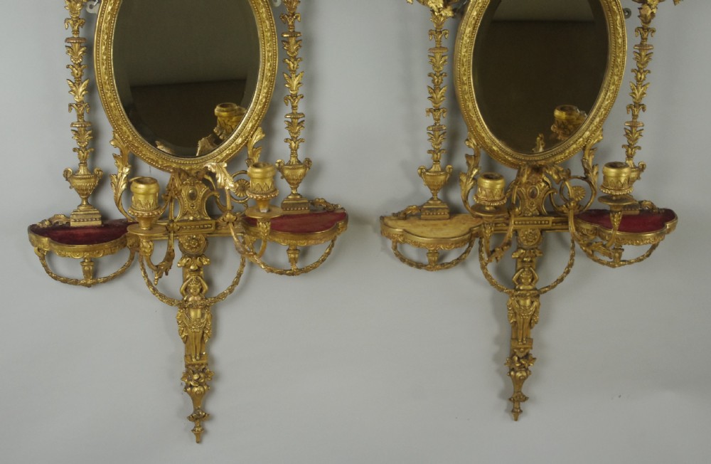 Pair of Victorian Gilt Adam Style Girandole Wall Mirrors with Candle Sconces View XIV
