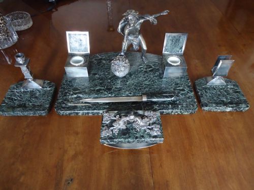 A Silver Plate and Marble Desk Set