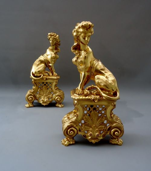 A Magnificiant Pair of Antique Ormolu / Gilt Bronze Chenet / Andirons