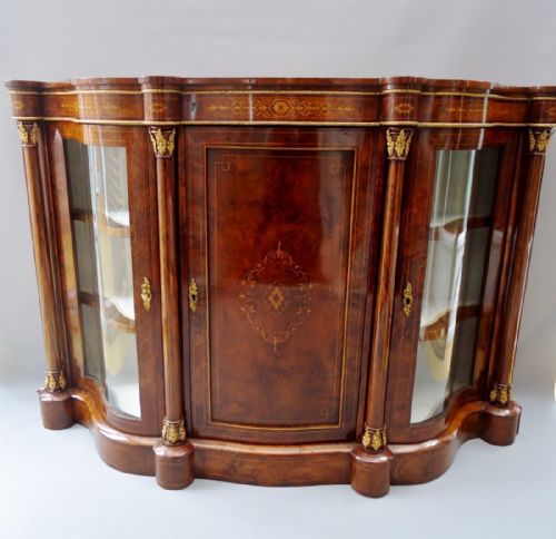 A Stunning Burr Walnut Serpentine Shape Credenza Cabinet