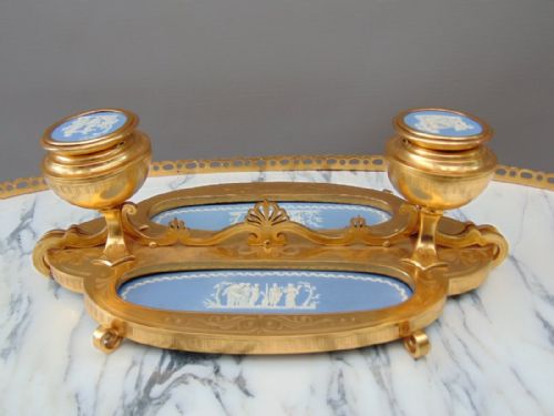 A High Quality Ormolu Desk Stand with Wedgwood Jasper Ware Plaques