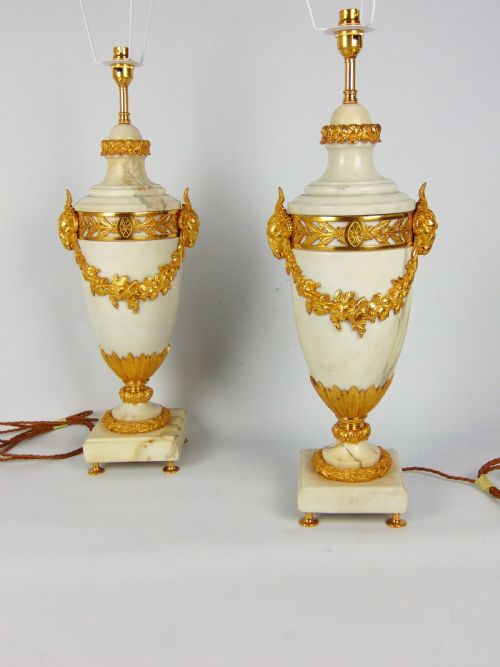 A Large Pair of White Marble Lamps