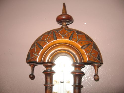 ANTIQUE WALNUT BAROMETER AND THERMOMETER - ADDITIONAL PHOTO 5