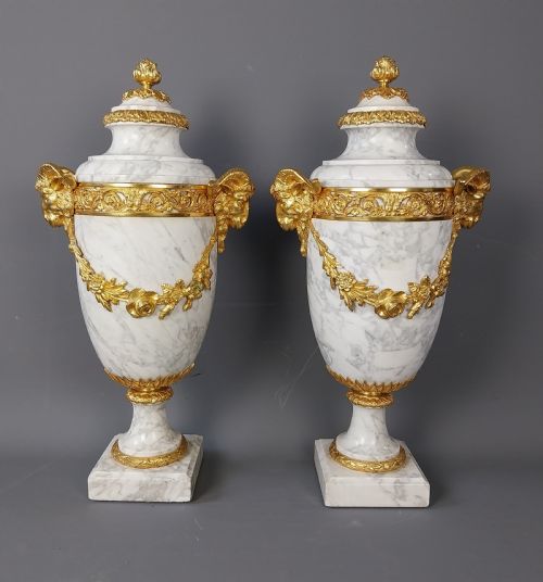 LARGE PAIR OF FRENCH ANTIQUE WHITE MARBLE CASSOLETTES