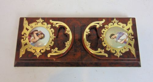 ANTIQUE VICTORIAN BURR WALNUT LIBRARY BOOK HOLDER BRASS MOUNTED WITH FINELY PAINTED PLAQUES - ADDITIONAL PHOTO 11
