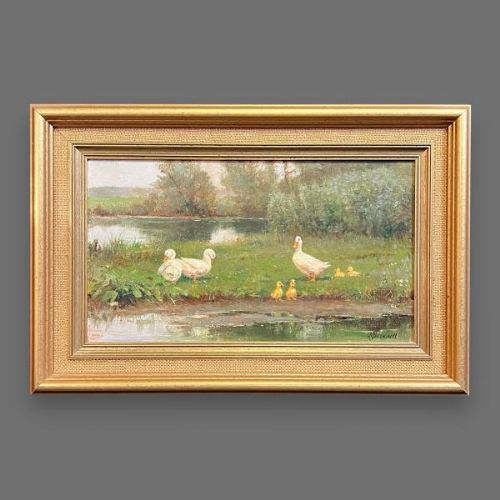 Oil on Canvas Ducks by a Pond