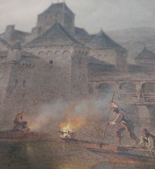 fig 1. A framed 19th-century watercolour painting depicting Chillon Castle on Lake Geneva under an atmospheric sky with figures in boats in the foreground.