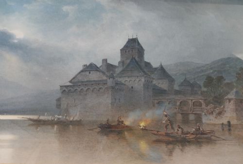 fig 2. A framed 19th-century watercolour painting depicting Chillon Castle on Lake Geneva under an atmospheric sky with figures in boats in the foreground.
