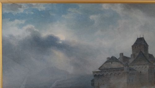 fig 3. A framed 19th-century watercolour painting depicting Chillon Castle on Lake Geneva under an atmospheric sky with figures in boats in the foreground.